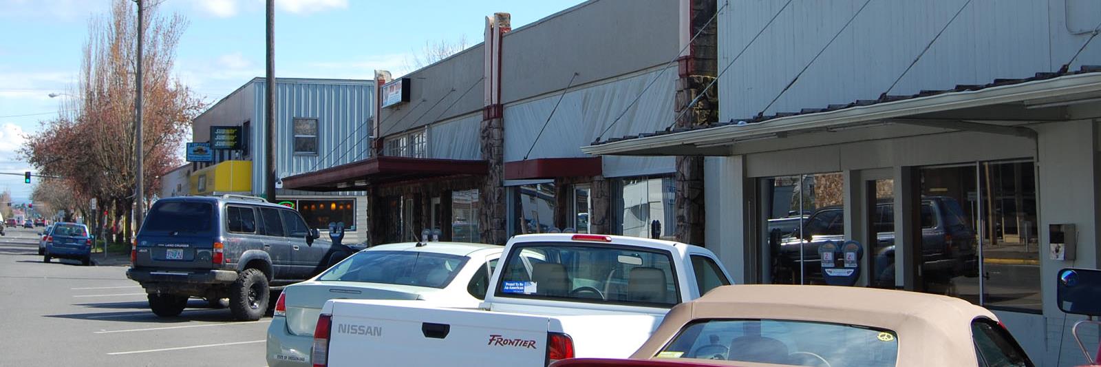 Cars parked in front of businesses