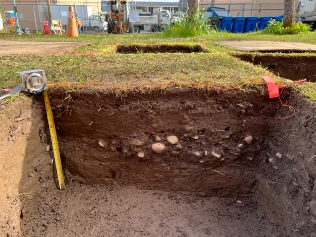 Tape measure indicates the depth of a test pit at a local public archaeology excavation site.