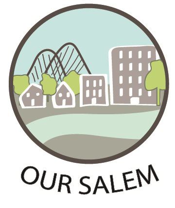 our salem logo with road, houses, building, bridge and trees