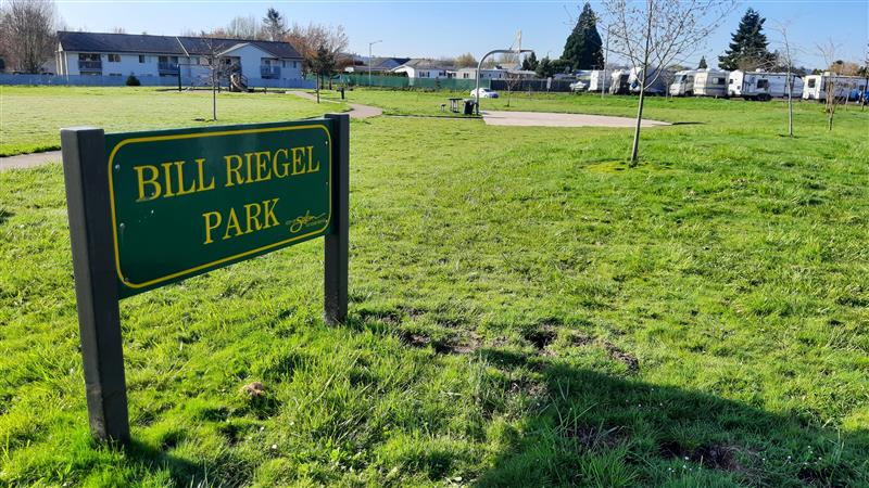 Photograph of park identification sign and open grass field