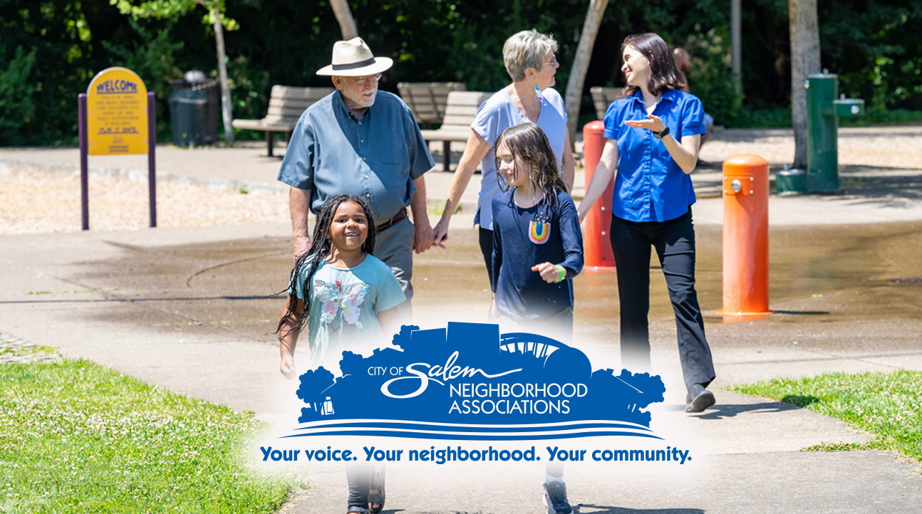 Neighborhood logo and family at park